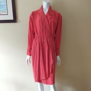 Vtg Liz Claiborne Wrap Dress 6 Red 100% Silk Collared Long Sleeve 1980s